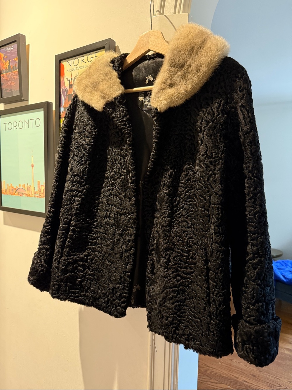 Vintage 1950s/60s Black Persian Lamb Fur Jacket with Blonde Mink Collar